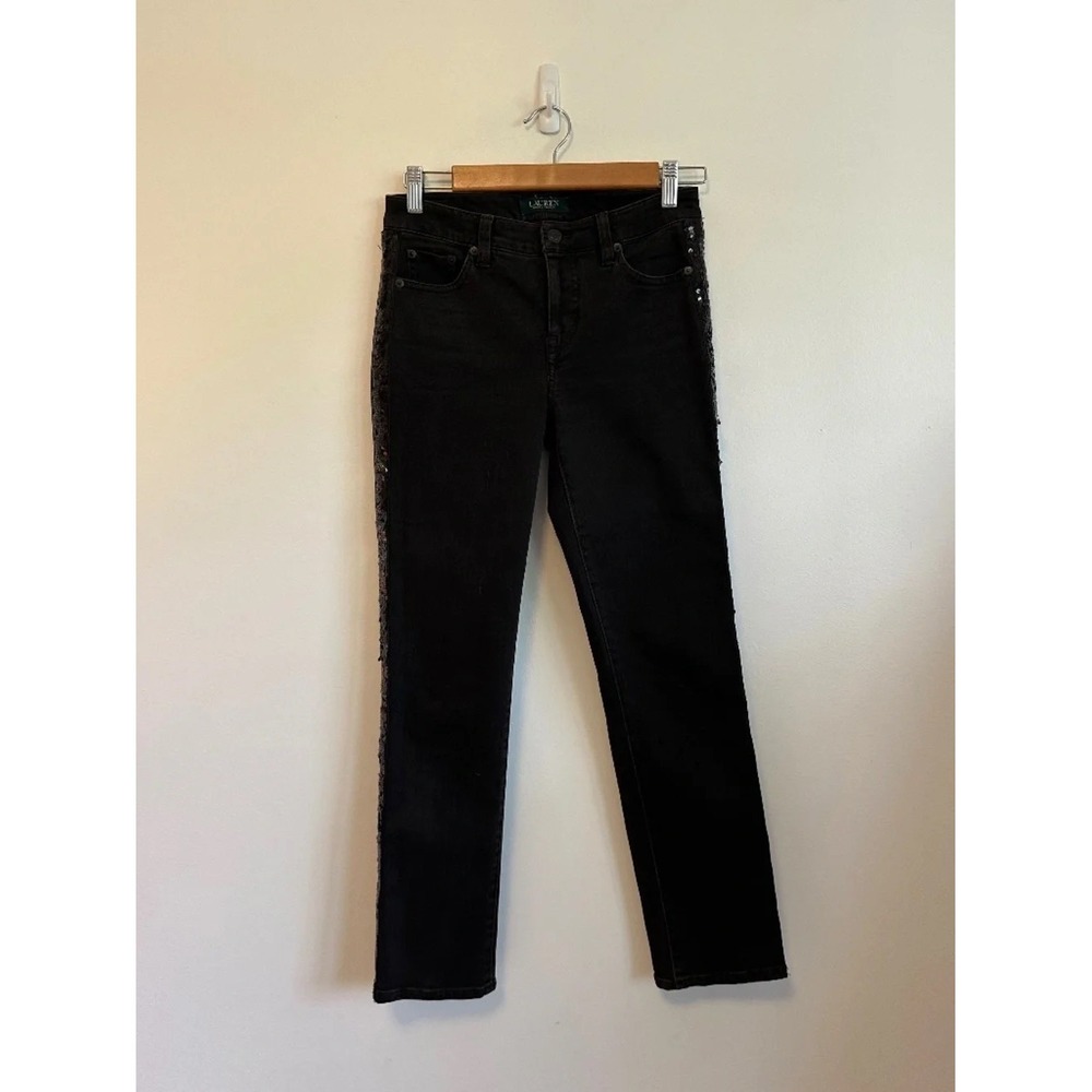 Lauren Ralph Lauren Black Sequin Side Stripe Straight Leg‎ Jeans | Size 0